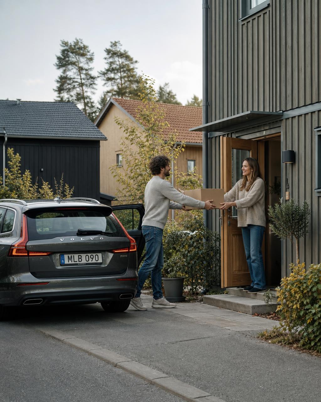 Bud lämnar över en kartong till en mottagare vid ytterdörren i ett svenskt bostadsområde
